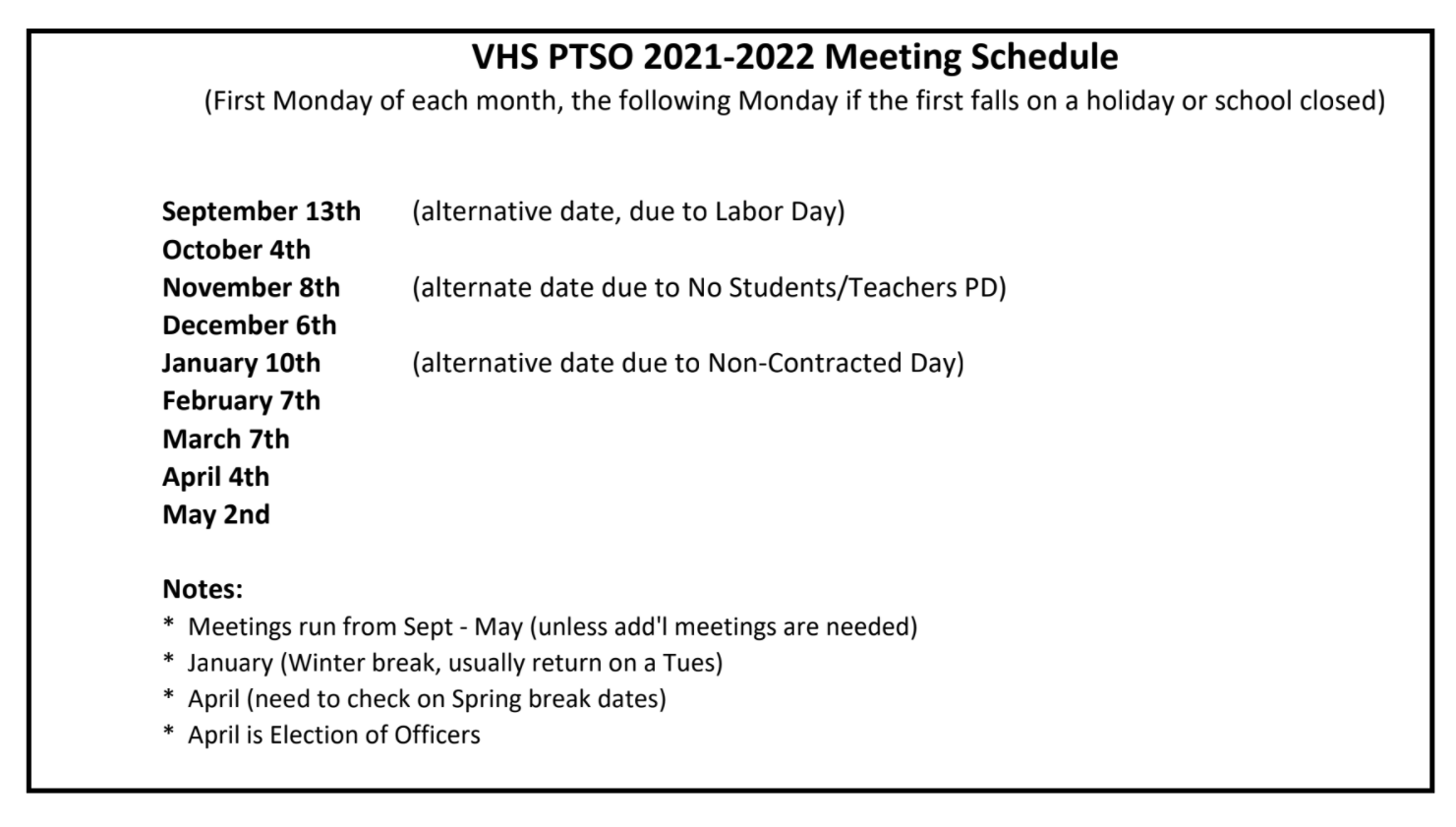 PTSO Schedule 2021-2022